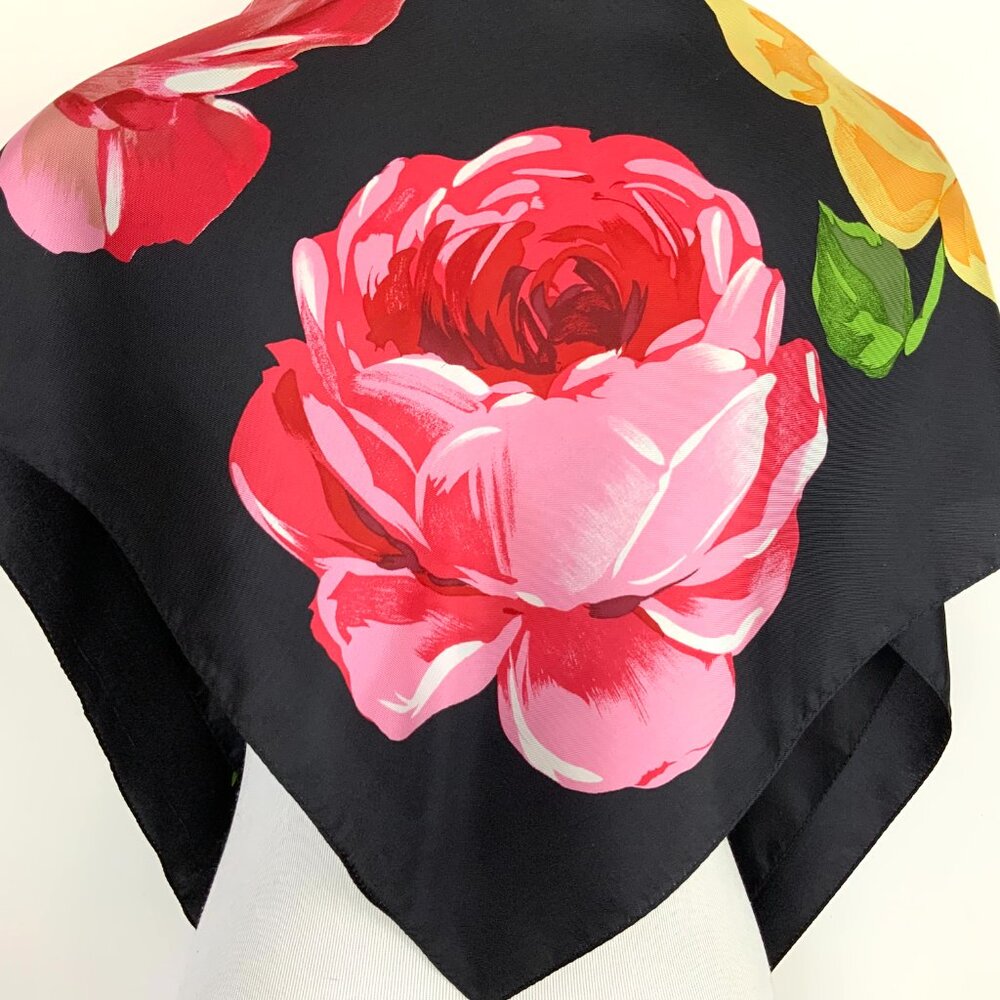 ECHO Large Square Silk Scarf Rose Blossons on Black Background 35" - Picture 6 of 16